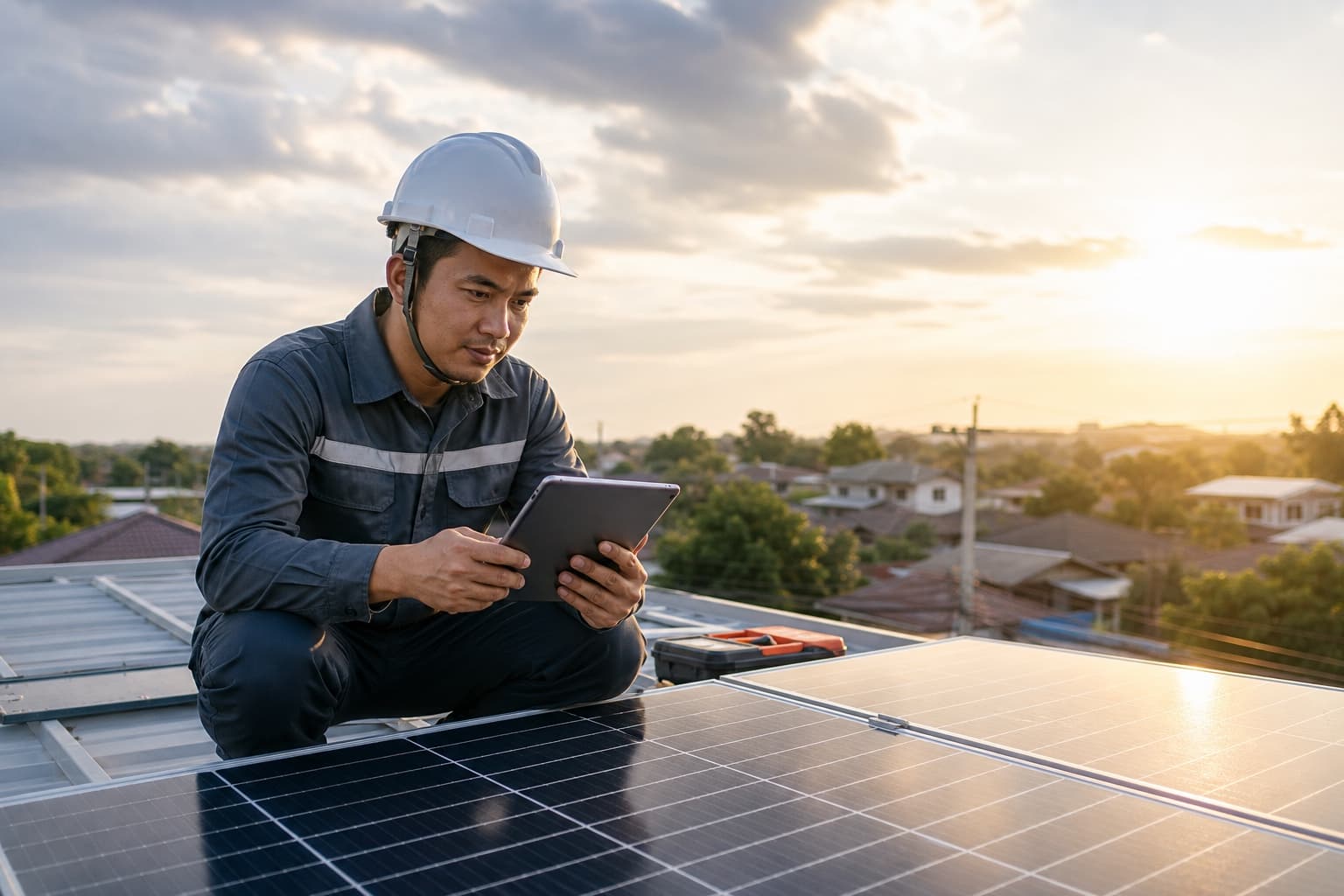 SolaraGrid Energy team reviewing a residential installation plan